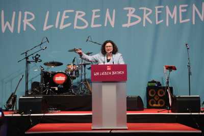 Unsere SPD-Parteivorsitzende Andrea Nahles zu Gast bei unserer Veranstaltung „Herzensangelegengeit – Wir lieben Bremen" am 26. April 2019